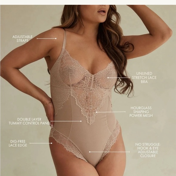 Pinsy Smoothing Lace Shapewear Bodysuit, Beige, 1X - Picture 2 of 6